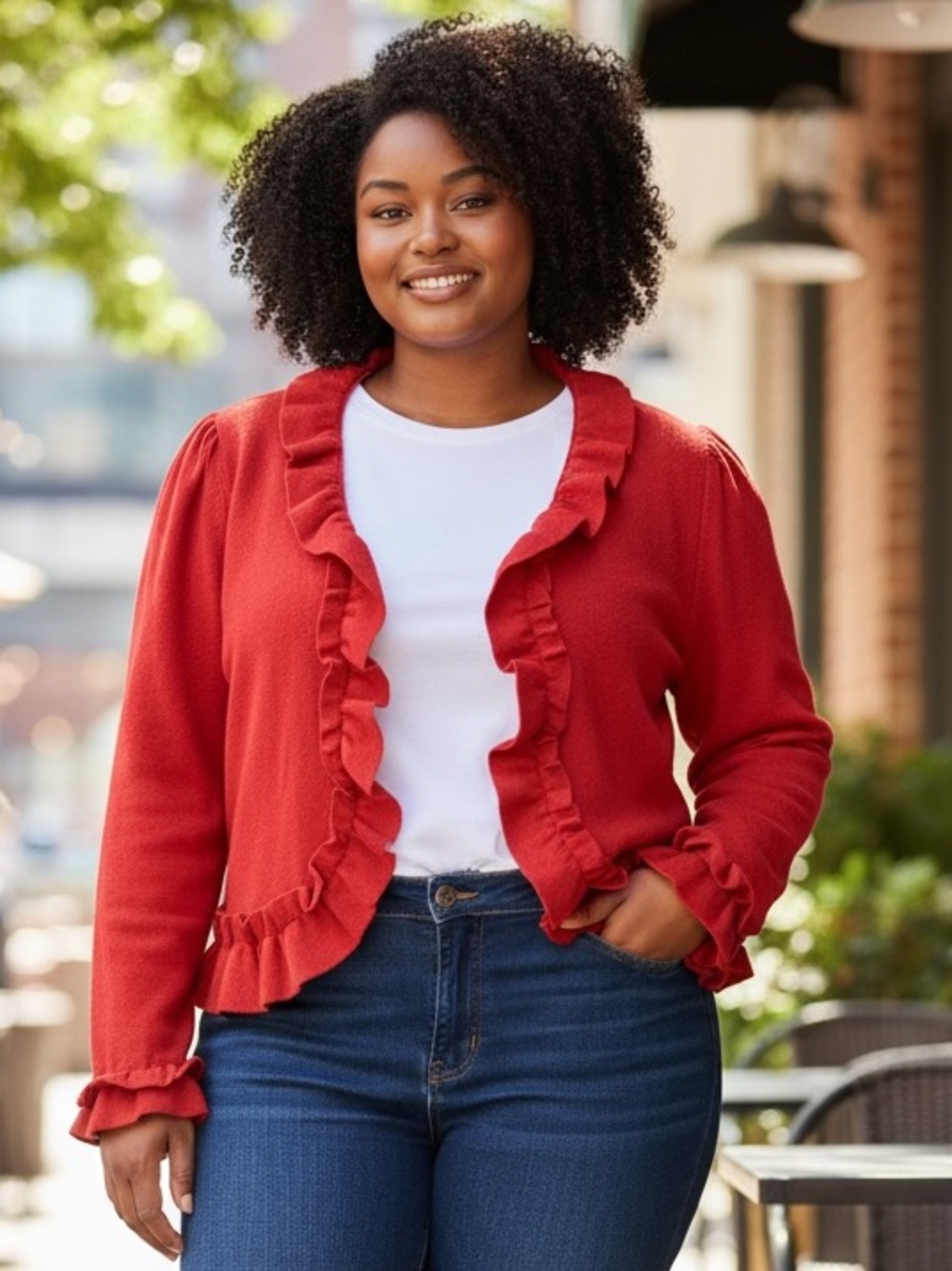 INC International Concepts Red Ruffle-Trim Open Cardigan